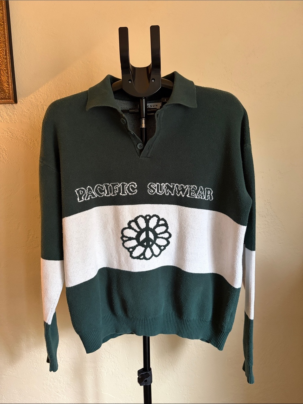 Pacific Sunwear Dark Green and White V-Neck Rugby Sweater